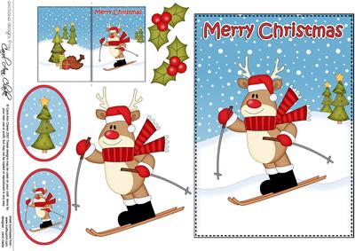 5x7 Christmas Skiing Rudolph 3D Decoupage