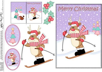 5x7 Christmas Skiing Rudolph 3D Decoupage