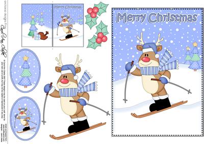 5x7 Christmas Skiing Rudolph 3D Decoupage