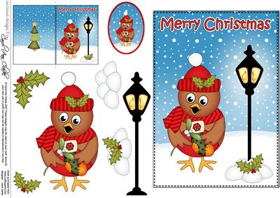 5x7 Christmas Cute Robin Lamp Post 3D Decoupage