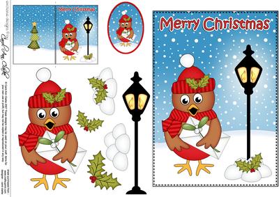 5x7 Christmas Cute Robin Lamp Post 3D Decoupage