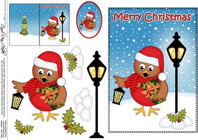 5x7 Christmas Cute Robin Lamp Post 3D Decoupage