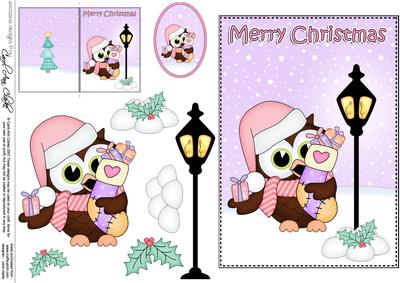 5x7 Christmas Little Hoot Owl Lamp Post 3D Decoupage