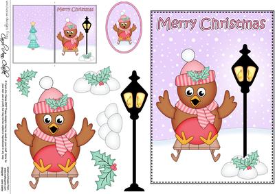 5x7 Christmas Cute Robin Lamp Post 3D Decoupage