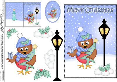 5x7 Christmas Cute Robin Lamp Post 3D Decoupage