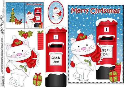 Christmas Cute Little Cat Postbox 5x7 3D Decoupage