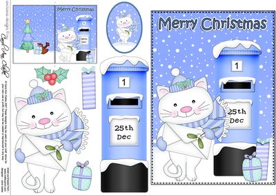 Christmas Cute Little Cat Postbox 5x7 3D Decoupage