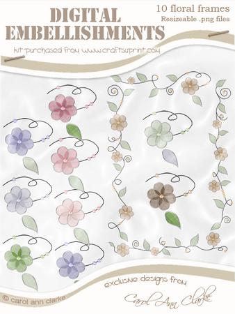 A5 'organza and Pearl Flower Frame' Digital Embellishments - Pretty Rose Colours