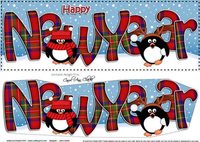 Large Dl New Year Tartan Penguins 3D Decoupage