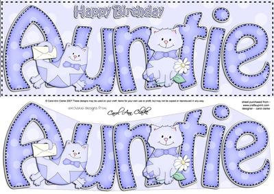Large Dl Birthday Auntie Cat Card & 3D Decoupage
