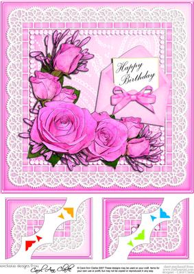 8 x 8 Birthday Roses Lace N Pearls Scalloped Corner Topper
