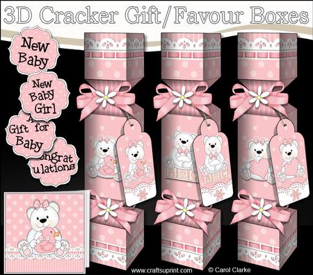3D New Baby Girl Teddy Cracker Gift Favour Boxes