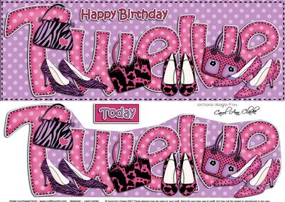 Large Dl 12th Birthday Shoes & Handbags Card & 3D Decoupage
