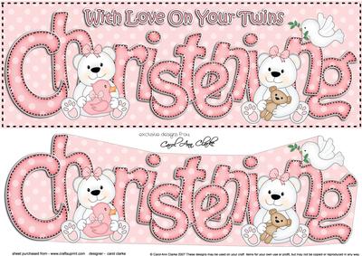Large Dl Girl Twins Christening Teddies 3D Decoupage