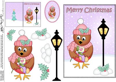 5x7 Christmas Little Robin Lamp Post 3D Decoupage