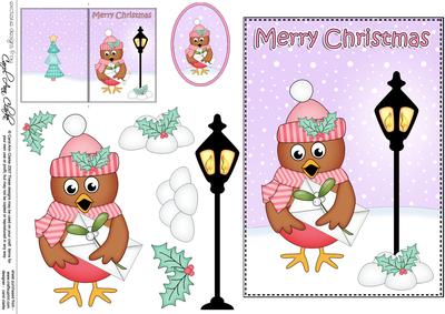 5x7 Christmas Little Robin Lamp Post 3D Decoupage