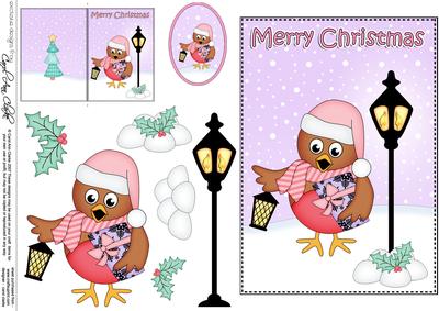 5x7 Christmas Little Robin Lamp Post 3D Decoupage