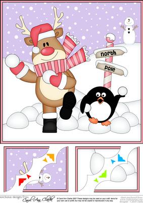 8 x 8 Christmas Snowballing Rudolph Scalloped Corner Topper
