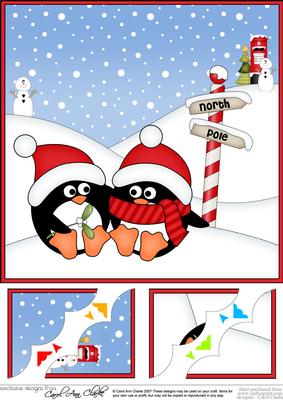 8 x 8 Christmas Romantic Penguins Scalloped Corner Topper