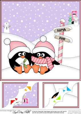 8 x 8 Christmas Romantic Penguins Scalloped Corner Topper