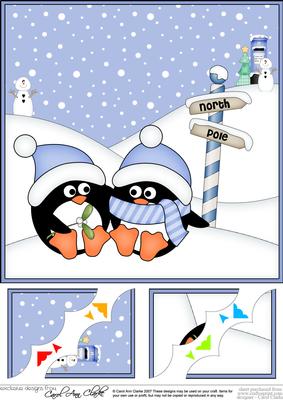8 x 8 Christmas Romantic Penguins Scalloped Corner Topper