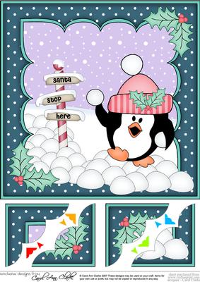 8x8 Xmas Snowballing Pip Penguin Scalloped Corner Topper