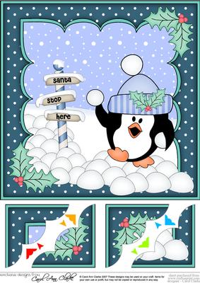 8x8 Xmas Snowballing Pip Penguin Scalloped Corner Topper