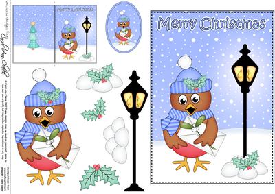 5x7 Christmas Little Robin Lamp Post 3D Decoupage