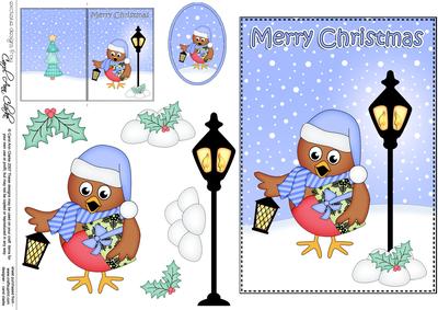 5x7 Christmas Little Robin Lamp Post 3D Decoupage