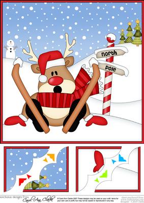 8 x 8 Christmas Skiing Oops Rudolph Scalloped Corner Topper