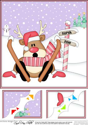 8 x 8 Christmas Skiing Oops Rudolph Scalloped Corner Topper