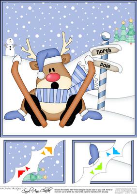 8 x 8 Christmas Skiing Oops Rudolph Scalloped Corner Topper