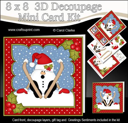 8x8 Christmas Oops Skiing Snowball Sam Mini Kit 3D Decoupage