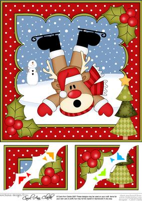 8 x 8 Christmas Oops Skating Rudolph Scalloped Corner Topper