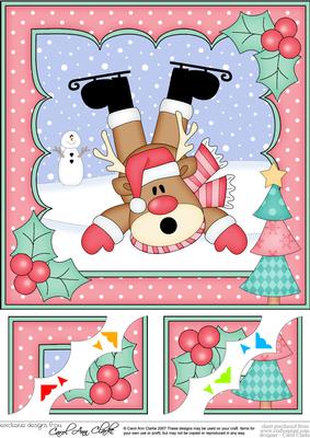 8 x 8 Christmas Oops Skating Rudolph Scalloped Corner Topper