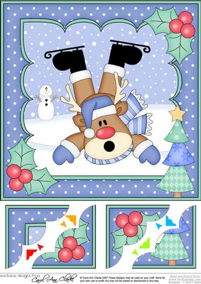 8 x 8 Christmas Oops Skating Rudolph Scalloped Corner Topper