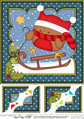 8 x 8 Christmas Sledging Bobbin Robin Scalloped Corner