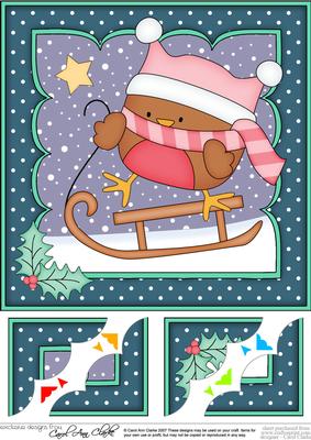 8 x 8 Christmas Sledging Bobbin Robin Scalloped Corner