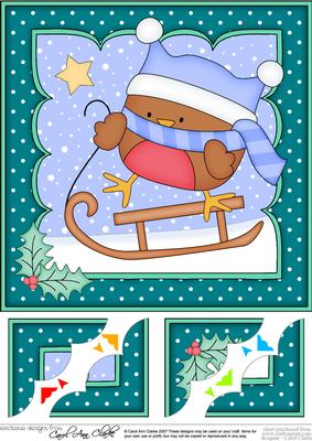 8 x 8 Christmas Sledging Bobbin Robin Scalloped Corner