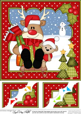 8 x 8 Christmas Sledging Rudolph Scalloped Corner Topper