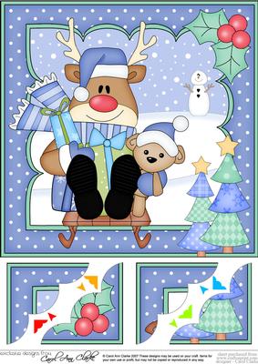 8 x 8 Christmas Sledging Rudolph Scalloped Corner Topper