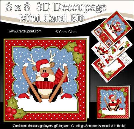8x8 Christmas Skiing Oops Rudolph Mini Kit 3D Decoupage