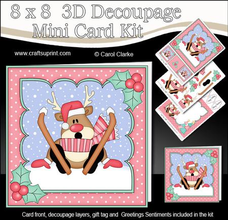 8x8 Christmas Skiing Oops Rudolph Mini Kit 3D Decoupage