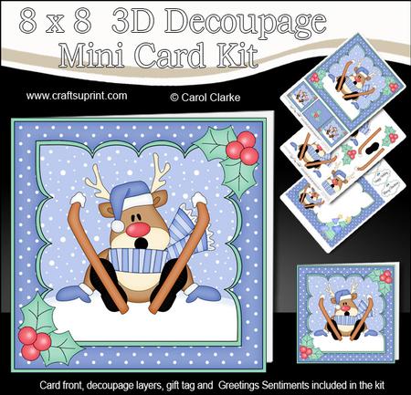 8x8 Christmas Skiing Oops Rudolph Mini Kit 3D Decoupage