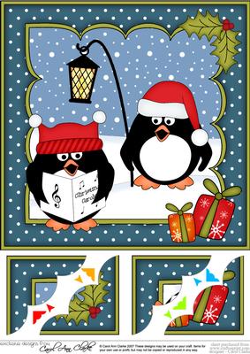 8x8 Xmas Carol Singing Pip Penguin Scalloped Corner Topper