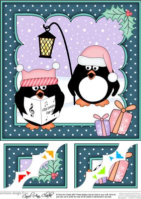 8x8 Xmas Carol Singing Pip Penguin Scalloped Corner Topper