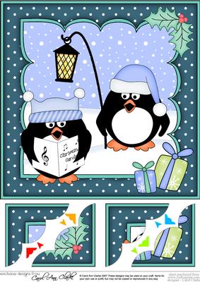8x8 Xmas Carol Singing Pip Penguin Scalloped Corner Topper