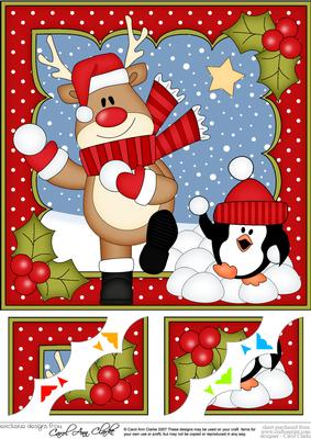 8 x 8 Christmas Snowball Fight Rudolph Scalloped Corner Topp