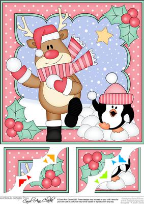 8 x 8 Christmas Snowball Fight Rudolph Scalloped Corner Topp