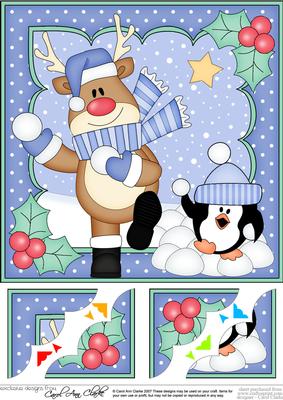 8 x 8 Christmas Snowball Fight Rudolph Scalloped Corner Topp